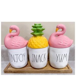 NEW Rae Dunn Enjoy Snack Yum Canister Cellars With Wooden Lids & Tray